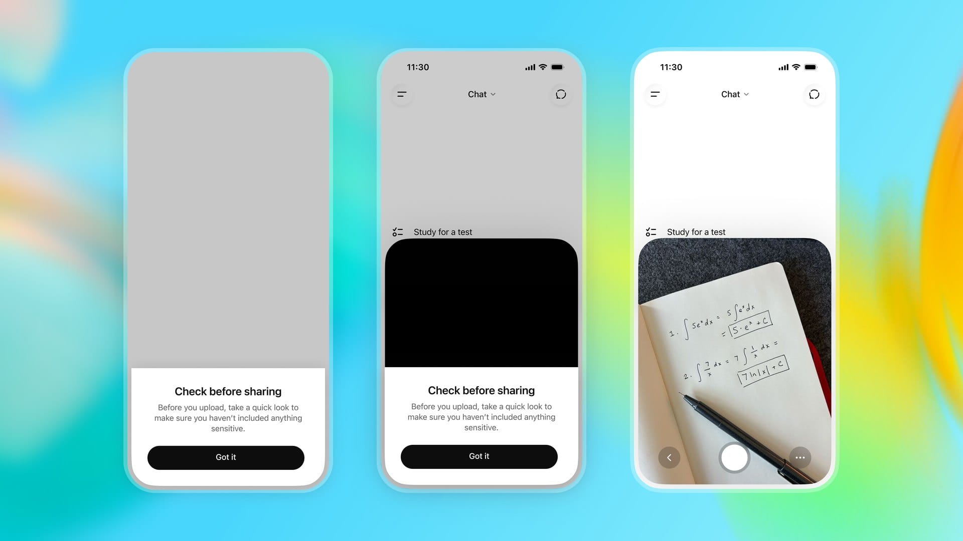 ChatGPT reminds a teen to check for sensitive information before sharing a photo of handwritten math notes