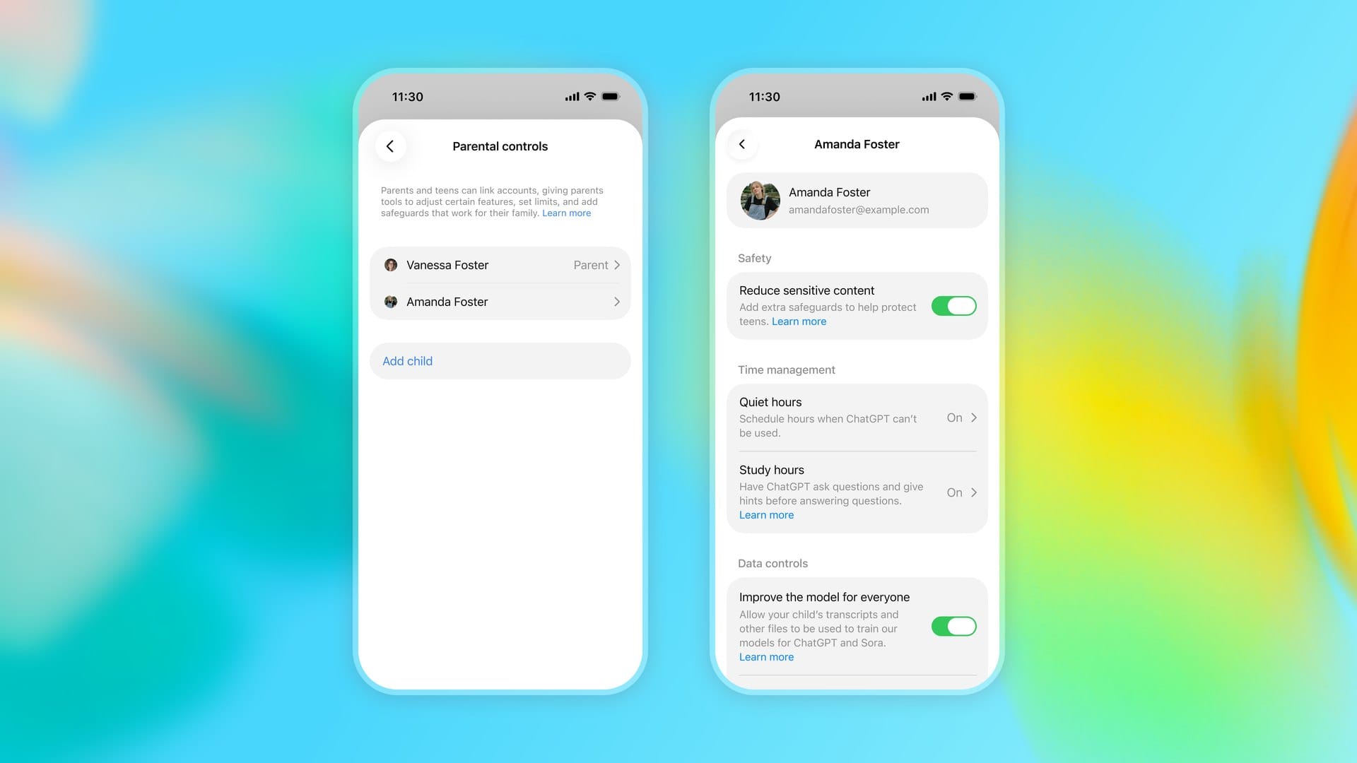 ChatGPT parental controls showing linked accounts, sensitive content, quiet hours, study hours