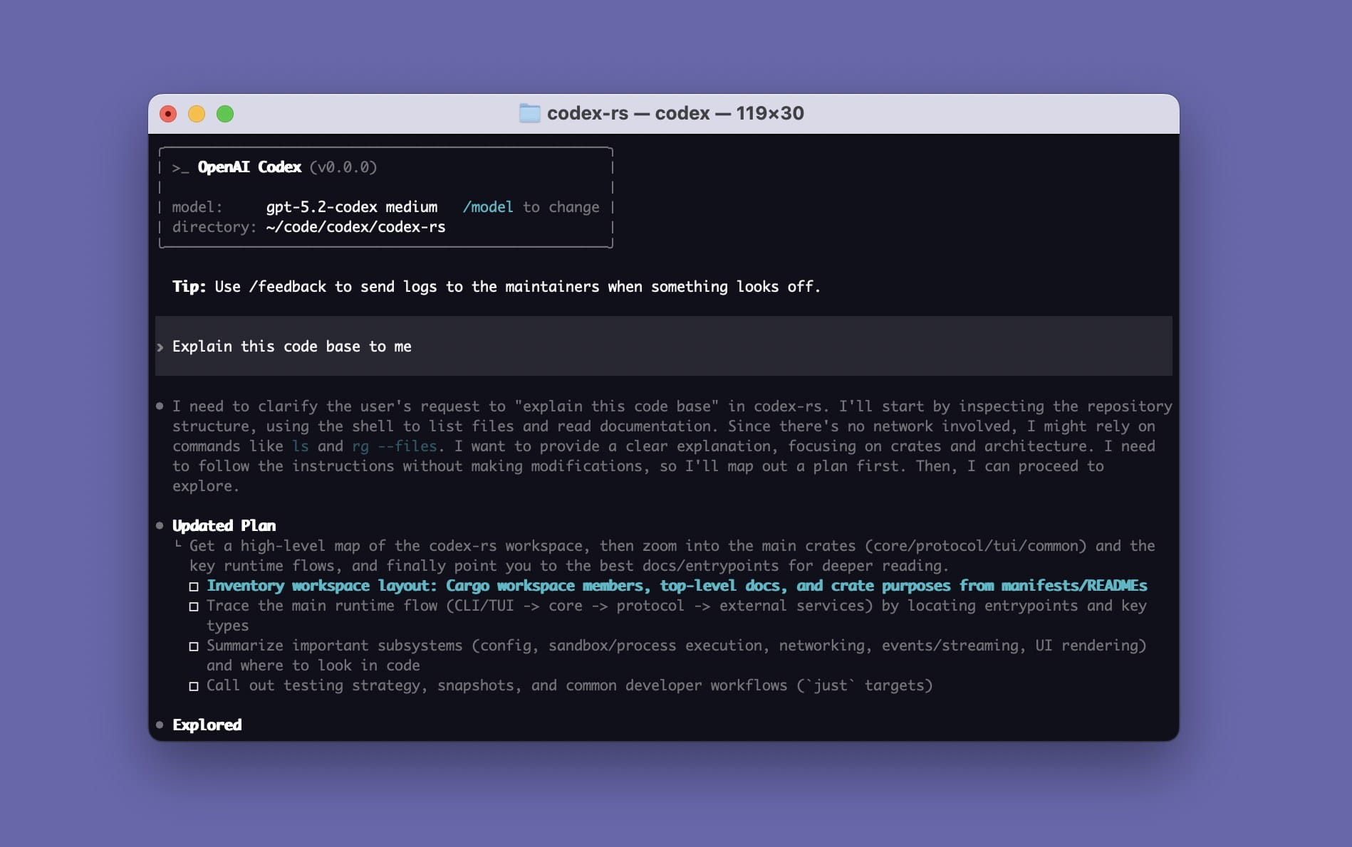 openai/codex README의 Codex CLI 스플래시. 코드베이스를 설명하라는 요청과 실행 계획