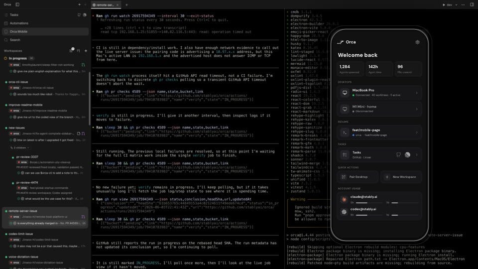 Orca 모바일 컴패니언 쇼케이스. 출처: stablyai/orca docs