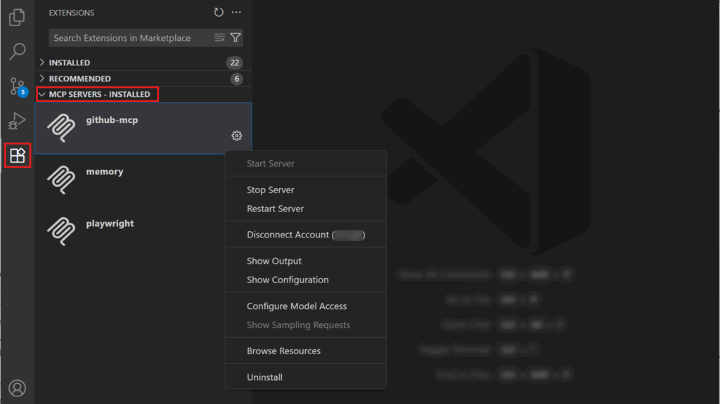 VS Code Extensions 뷰의 MCP 서버 화면