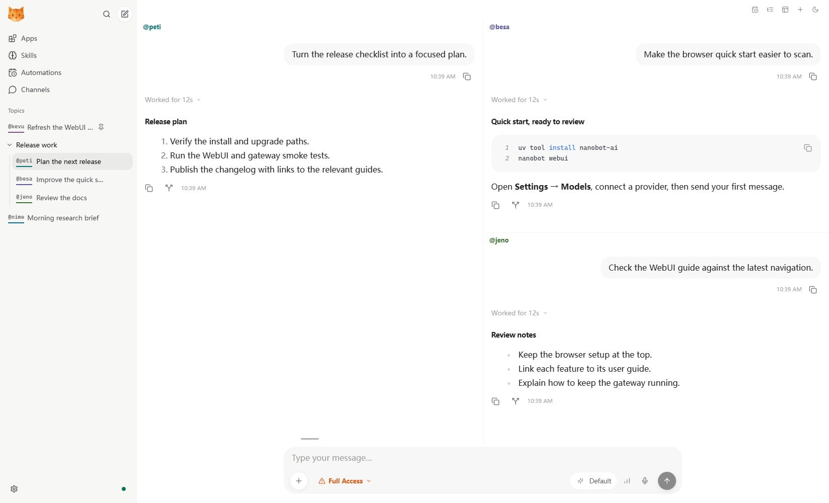 nanobot WebUI 워크벤치 멀티 페인