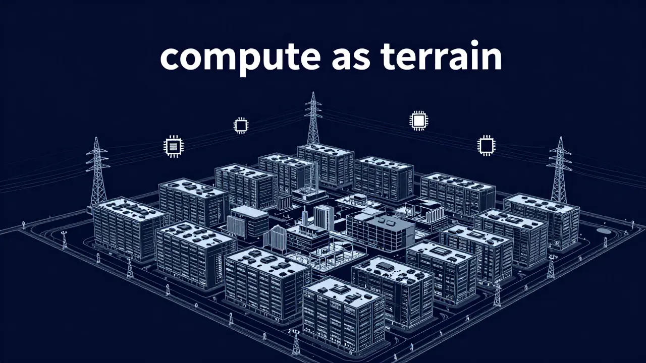 거대한 AI 데이터센터 부지 조감도 — OpenAI Stargate compute as terrain